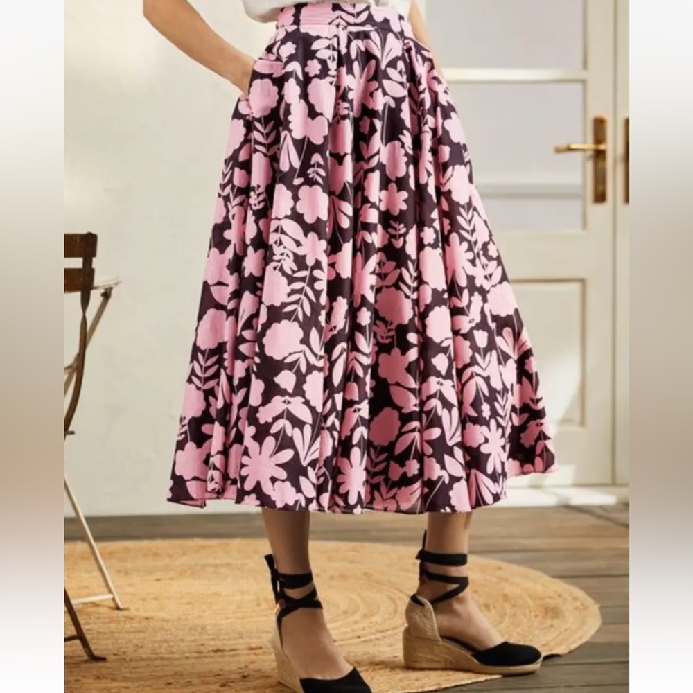Boden Full Cotton Midi Skirt w Pink/Black Bold Flower Print Size 8P